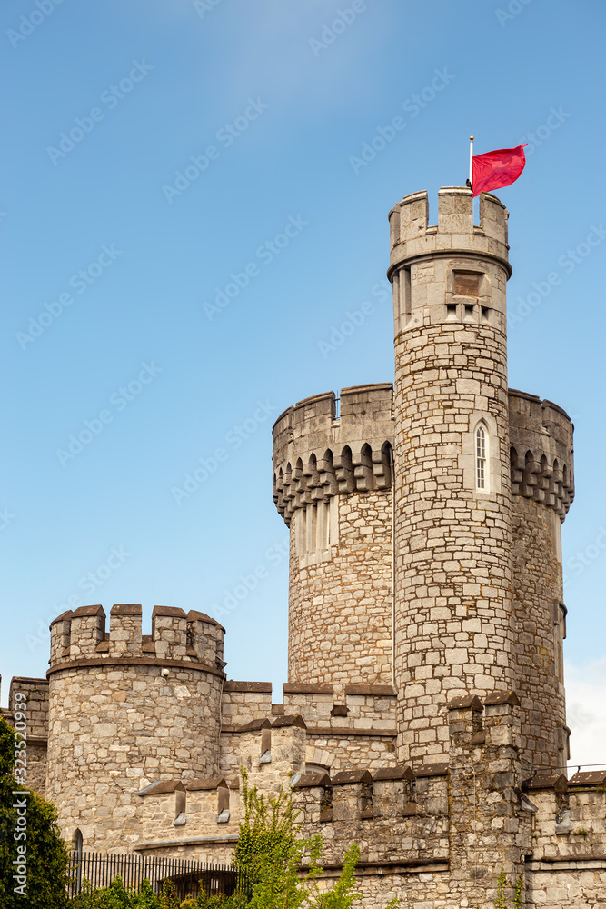 Black Rock Castle tower with red flag in a Cork