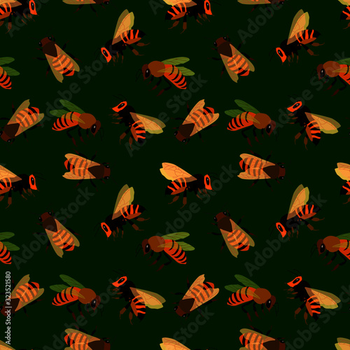 seamless pattern in bright colors depicting bees, wallpaper ornament, wrapping paper