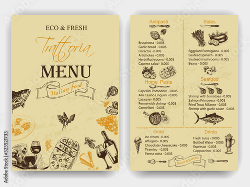 Vector illustration sketch - Vintage Menu. Trattoria. Italian food.