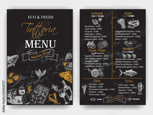 Vector illustration sketch - Vintage Menu. Trattoria. Italian food.