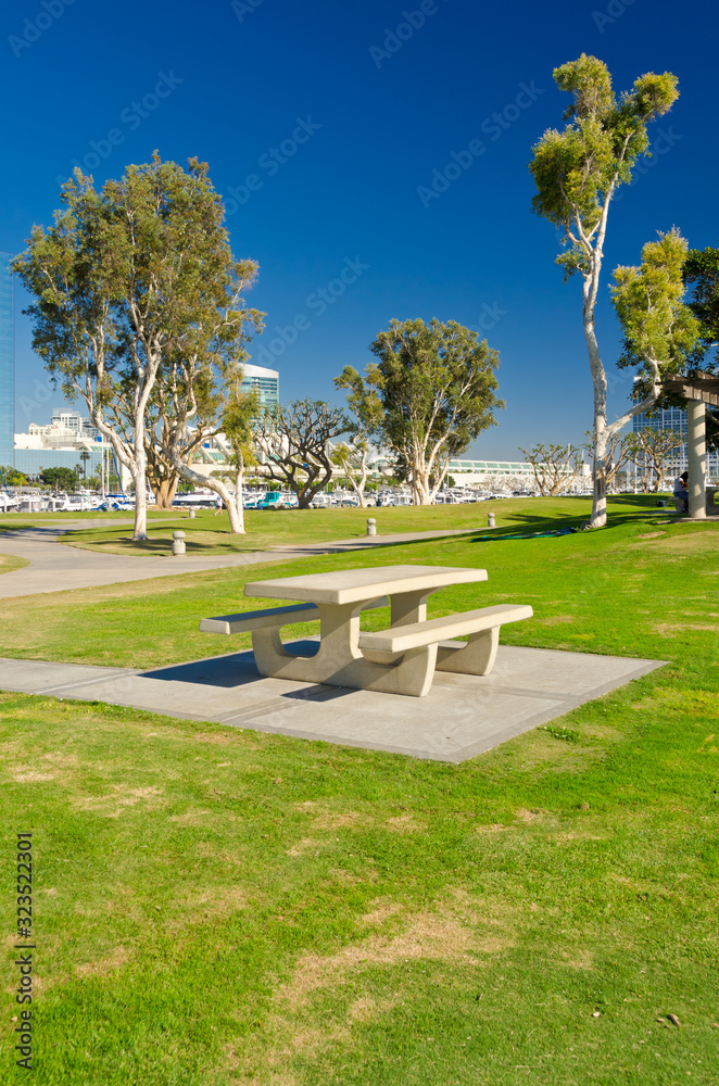 Picnic table in Embarcadero Marina Park, San Diego, California.