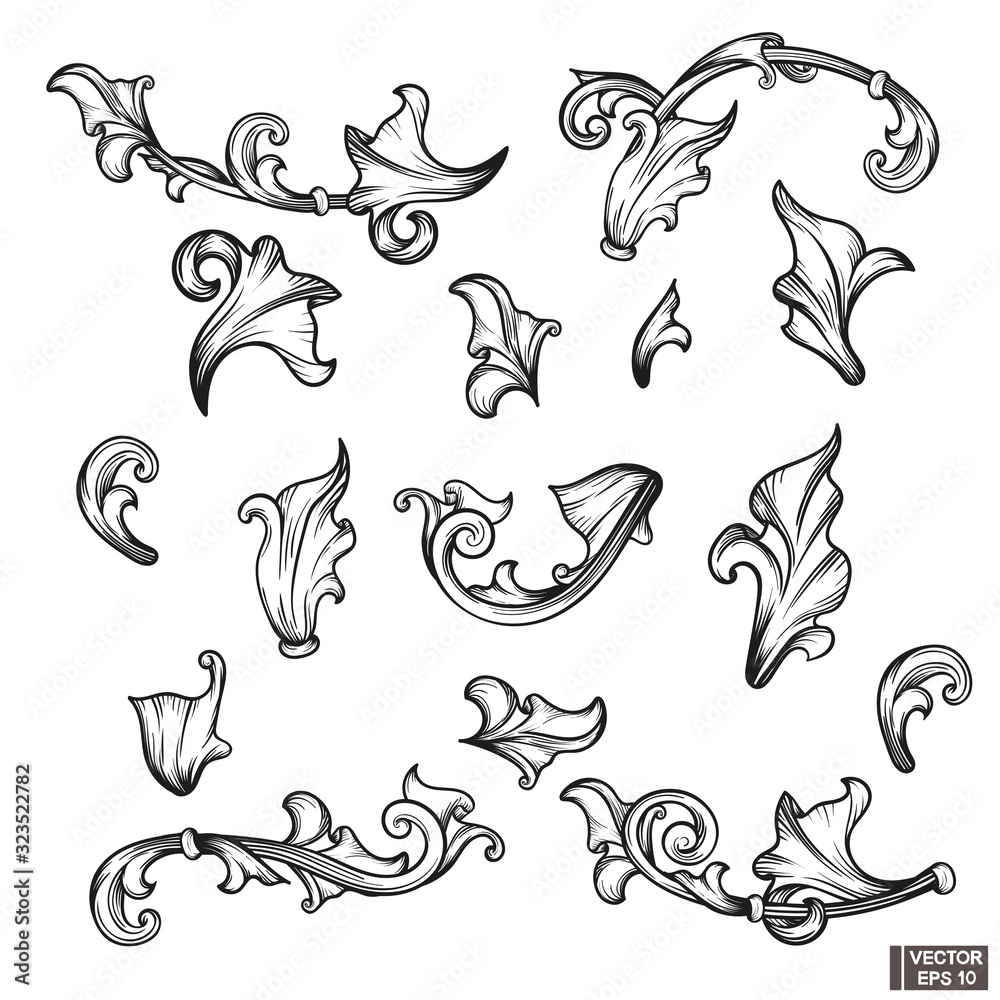 Set of element baroque engraving floral scroll Set of element baroque engraving floral scroll