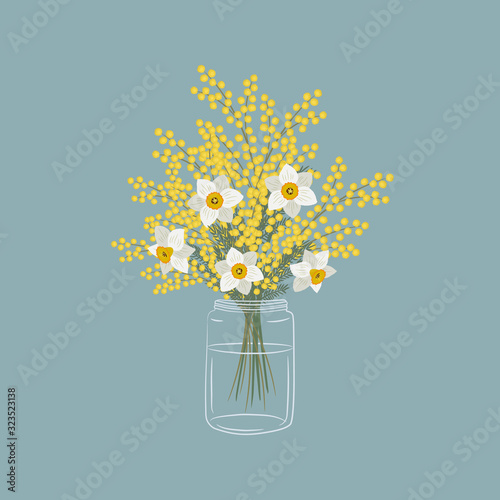 Mimosa and daffodils in a glass jar. Yellow and white flowers with leaves. Spring flowers. Floral composition. Vector illustration on a blue background