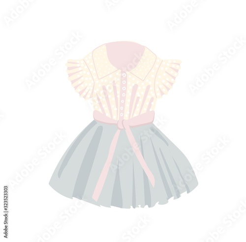 Children's dress is beautiful. Tulle and lace. Dress up party wear for girls. Princess costume. Peach and pink colors. Vector illustration isolated on a white background..