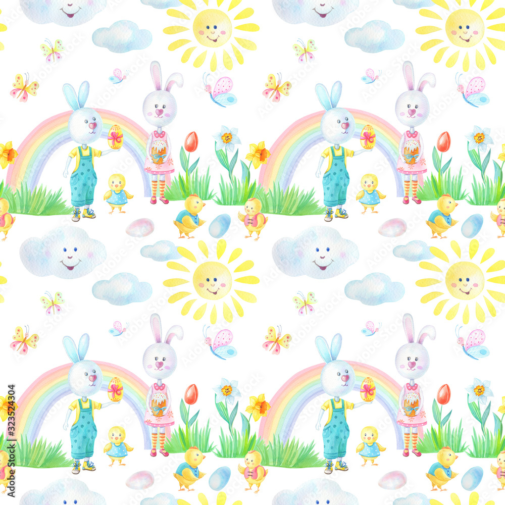 Watercolor Easter simless pattern with hares, chickens, rainbows, eggs, grass, flowers, butterflies, sun on a white background.Watercolour