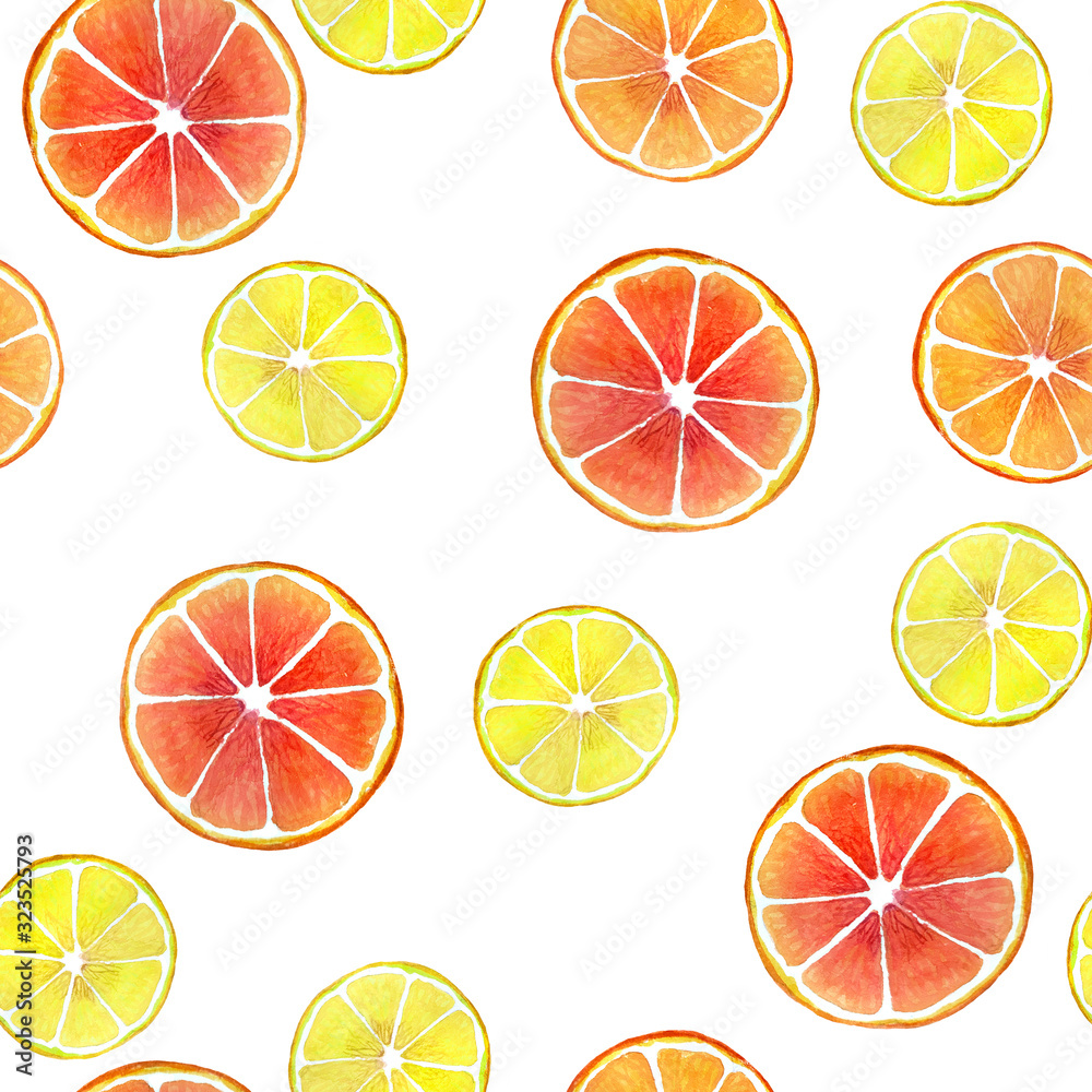 Seamless pattern with tropical fruits lemon, orange, grapruts. Watercolor illustration for scrapbooking, wallpaper, packaging on white background