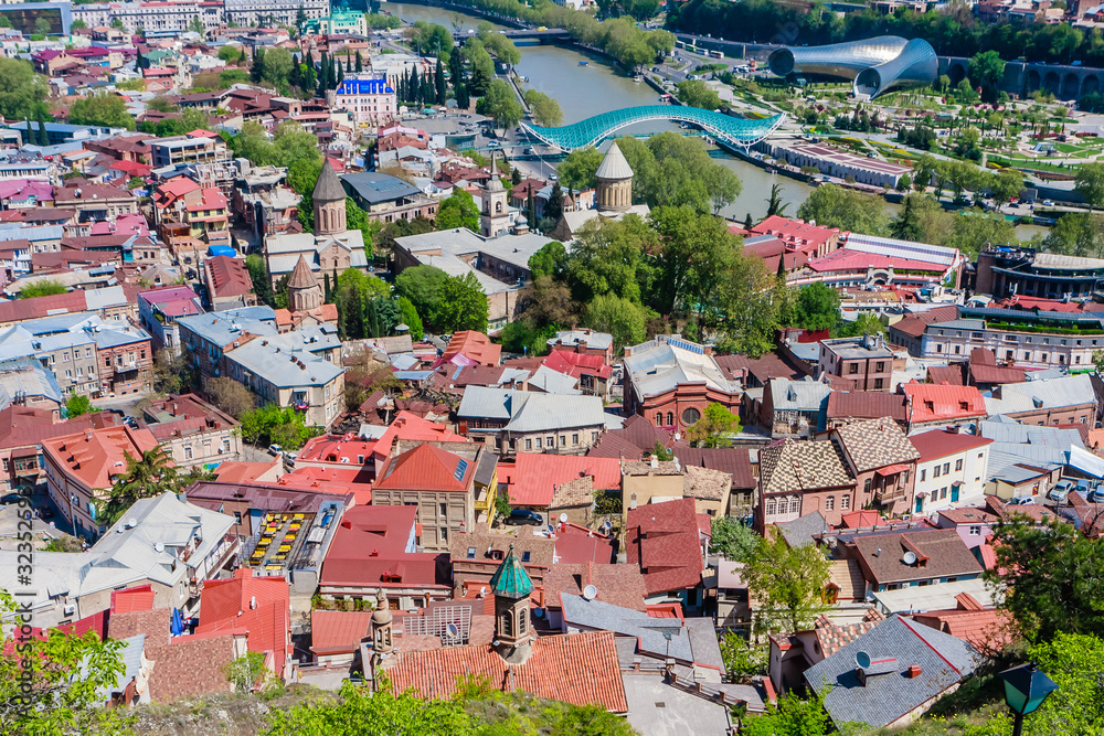 Panoramic view of Tbilisi city from the Narikala Fortress, old town and modern architecture.  Georgia