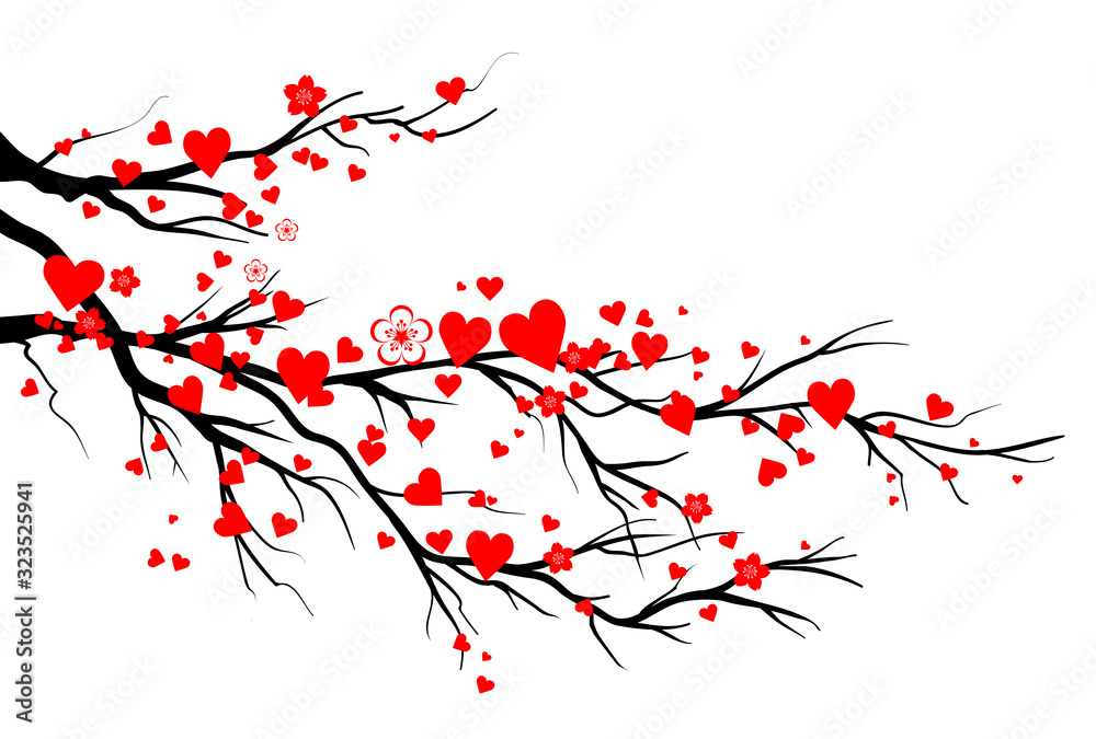 Fototapeta premium Spring blooming red hearts branch