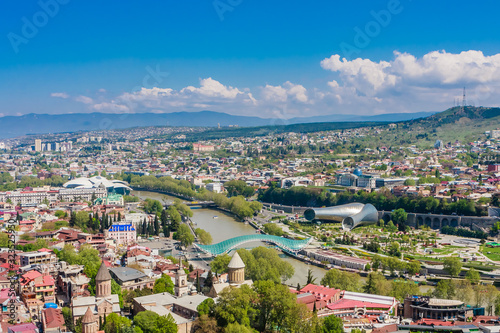 Panoramic view of Tbilisi city from the Narikala Fortress, old town and modern architecture. Georgia