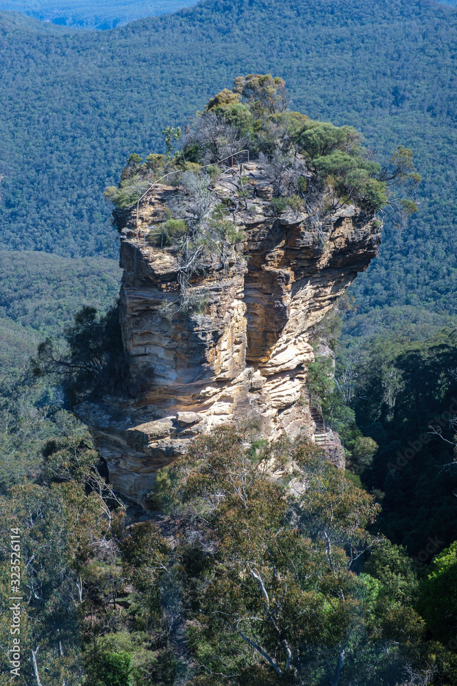 A photograph of Orphan Rock in the middle of the Jamison Valley