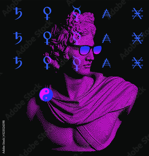 Pixel art ilustration with marble sculpture, Apollo Belvedere bust in sunglasses. Vaporwave and retrowave style collage, postmodern aesthetics of 80's.