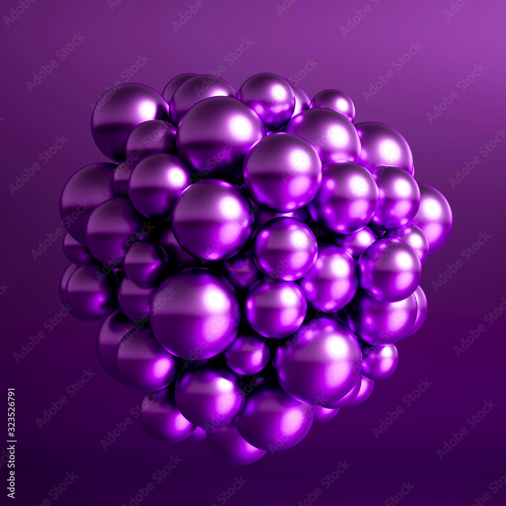 Fototapeta premium Metallic background with balls, atom, molecule. 3d illustration, 3d rendering.