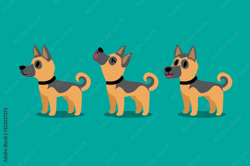 Set of vector cartoon character german shepherd dog poses for design.