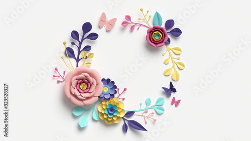 Fototapeta Naklejka Na Ścianę i Meble -  3d render, floral wreath, round frame with copy space. Abstract cut paper flowers isolated on white, botanical background. Rose, daisy, dahlia, butterfly, leaves in pastel colors. Simple card template