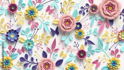 Fototapeta Naklejka Na Ścianę i Meble - 3d render, horizontal floral pattern. Abstract cut paper flowers isolated on white, botanical background. Rose, daisy, dahlia, butterfly, leaves in pastel colors. Modern decorative handmade design