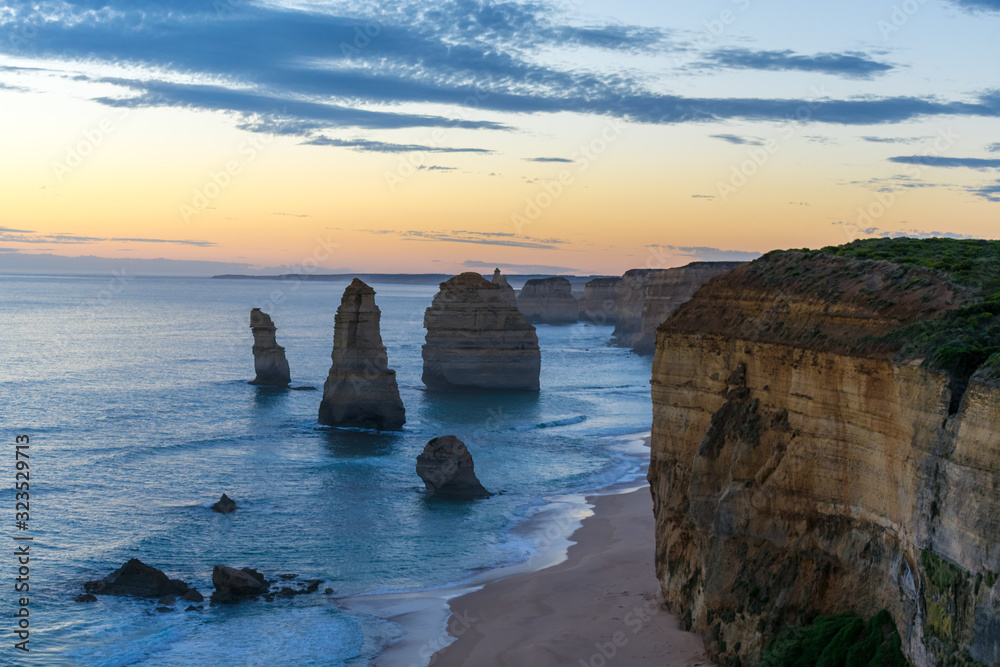 A photo of the Twelve Apostles, Port Campbell, taken at sunset during the summer