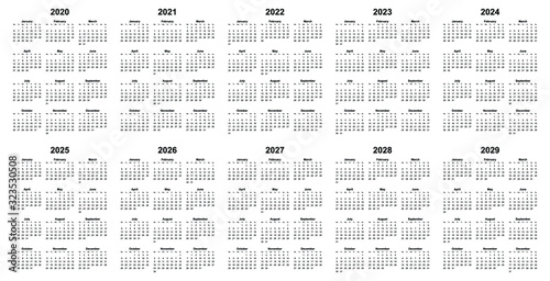 Simple editable vector calendars for year 2020 2021 2022 2023 2024 2025 2026 2027 2028 2029 mondays  first photo