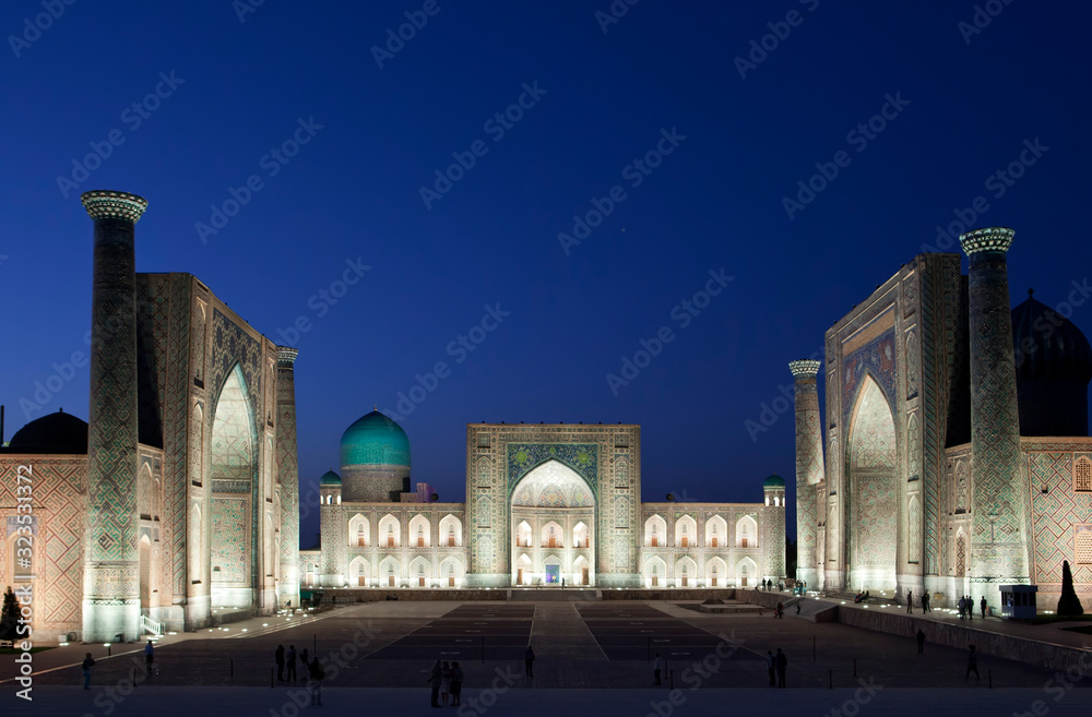 Registan Square, central square of  Samarkand at night. Uzbekistan..