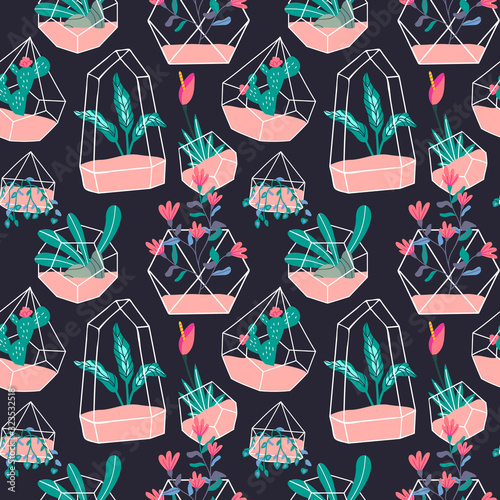 Cute terrarium flower plant seamless pattern