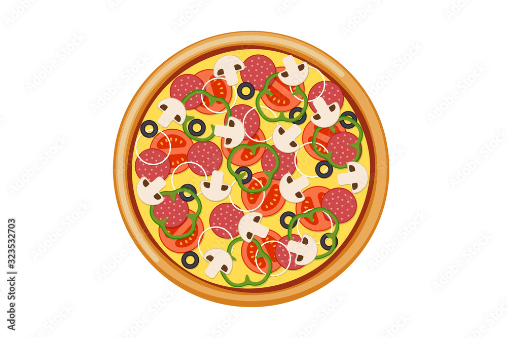 Pizza with sliced tomatoes mushrooms salami sausage onion bell pepper black olives and cheese. Italian fast food vector illustration Pizza with sliced tomatoes mushrooms salami sausage onion bell pepper black olives and cheese. Italian fast food vector illustration