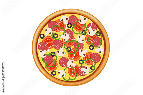 Pizza with sliced tomatoes mushrooms salami sausage onion bell pepper black olives and cheese. Italian fast food vector illustration