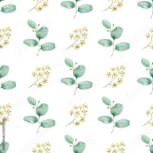 Watercolor hand painted seamless pattern of eucalyptus leaves.