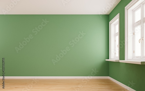 Olive green mock-up wall with 2 large windows in empty modern interior room, 3D render, 3D illustration photo