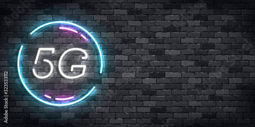 Vector realistic isolated neon sign of 5G flyer logo for template decoration and wallpaper covering on the wall background. Concept of network technology.