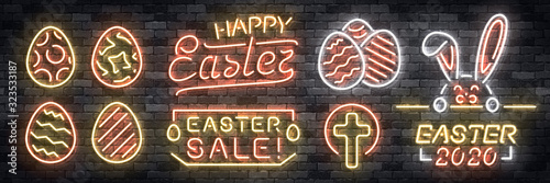 Vector set of realistic isolated neon sign of Easter logo for template decoration and covering on the wall background. Concept of Happy Easter celebration.