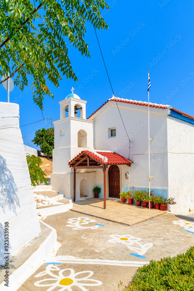 Beautiful whitewashed Greek church on island of Samos, Aegean Sea, Greece