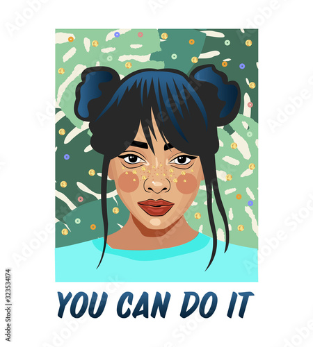 You can do it. Typography slogan with girl. Sequins girl slogan.