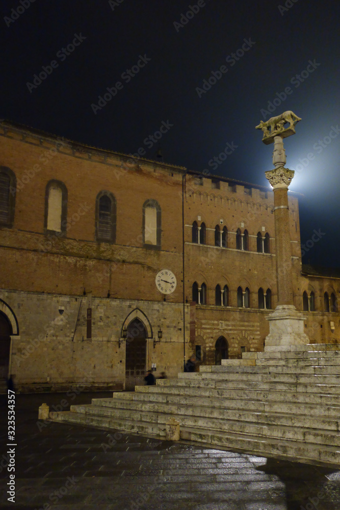 Fototapeta premium Piazza del Duomo. Illuminated Capitoline wolf statue symbol of the city with a view of the side Duomo steps. Siena by night.