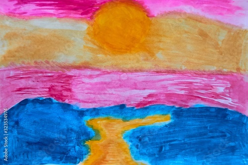 Paint drawing made by child. Abstract sunset or sunrise. 