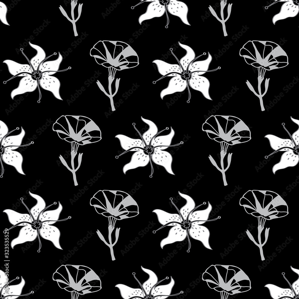 Petunia and Lilly-Flowers in Bloom seamless repeat pattern in black and white. Graphic classic Petunia Flowers Pattern Background. Flowers surface pattern design, perfect for fabric, scrapbook, wallpa
