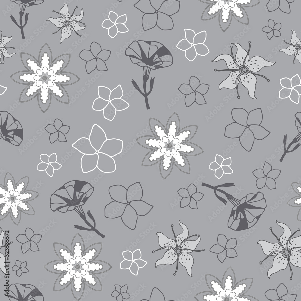 Lilly Petunia-Flowers in Bloom seamless repeat pattern in grey and white. Graphic classic Petunia Flowers Pattern Background. Flowers surface pattern design, perfect for fabric, scrapbook, wallpaper.