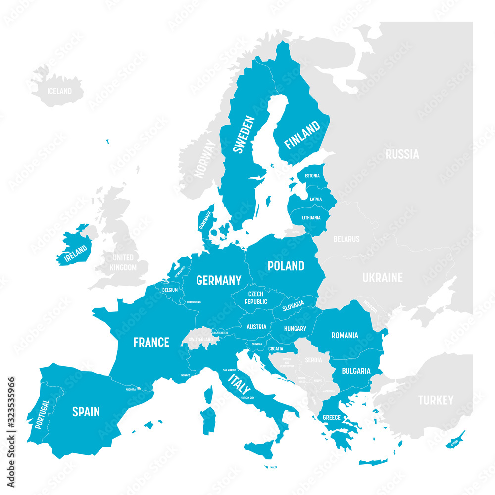 Fototapeta Political map of Europe with blue highlighted 27 European Union, EU, member states after brexit in 2020. Simple flat vector illustration