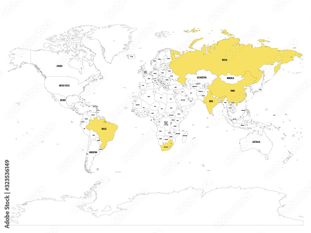 Obraz premium World map with highlighted member countries of BRICS - association of five major emerging national economies - Brazil, Russia, India, China and South Africa