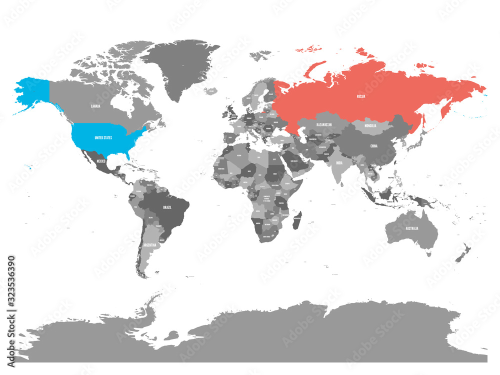 United States and Russia highlighted on political map of World. Vector