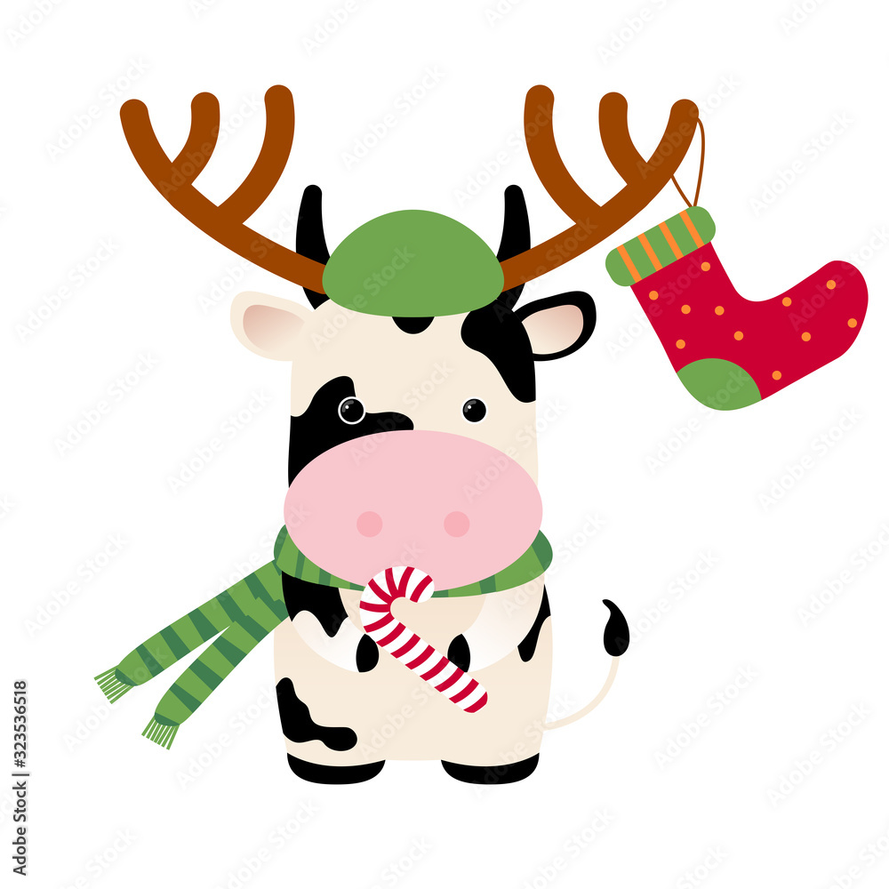 Naklejka premium Ox with deer horns, Christmas sock for gifts, sweet candy cane. Chinese Horoscope 2021 (Year of the White Metal Ox). Chinese New year symbol of 2021. Cute cow
