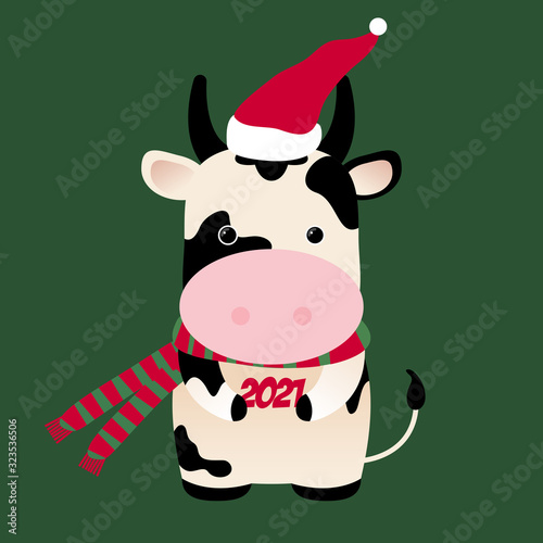 Ox with 2021 number, Santa hat. Chinese Horoscope 2021 (Year of the White Metal Ox). Chinese New year symbol of 2021. Cute cow