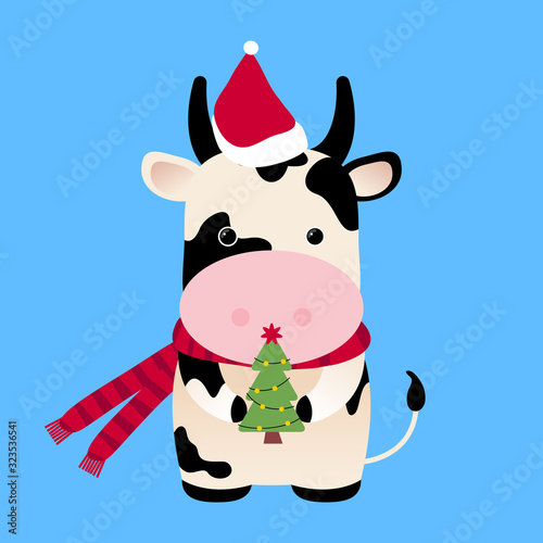 Ox with Christmas tree, Santa hat. Chinese Horoscope 2021 (Year of the White Metal Ox). Chinese New year symbol of 2021. Cute cow