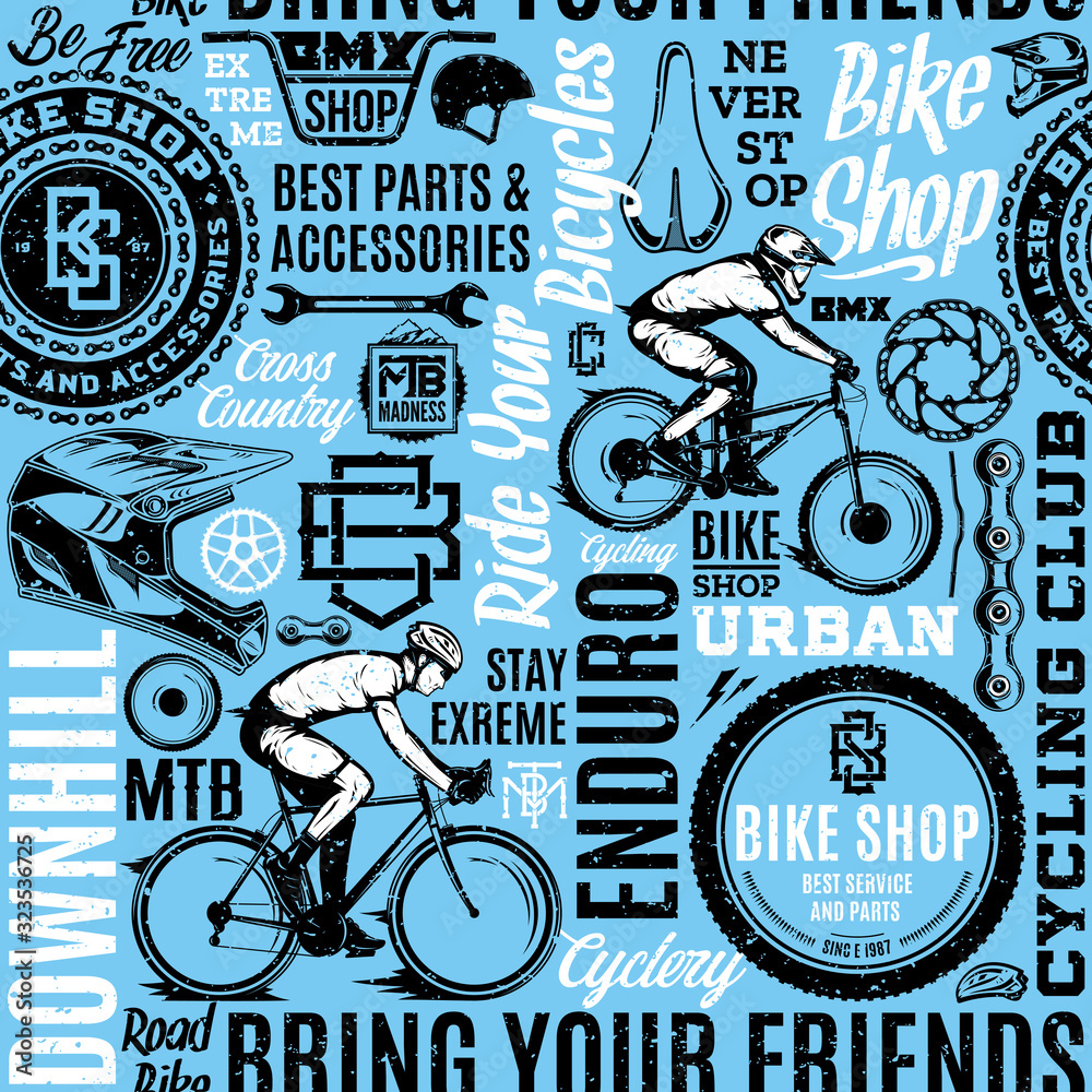 Retro styled vector bicycle seamless pattern or background in black, blue and white colors. Bike shop badges, mountain, bmx and road biking icons and design pieces