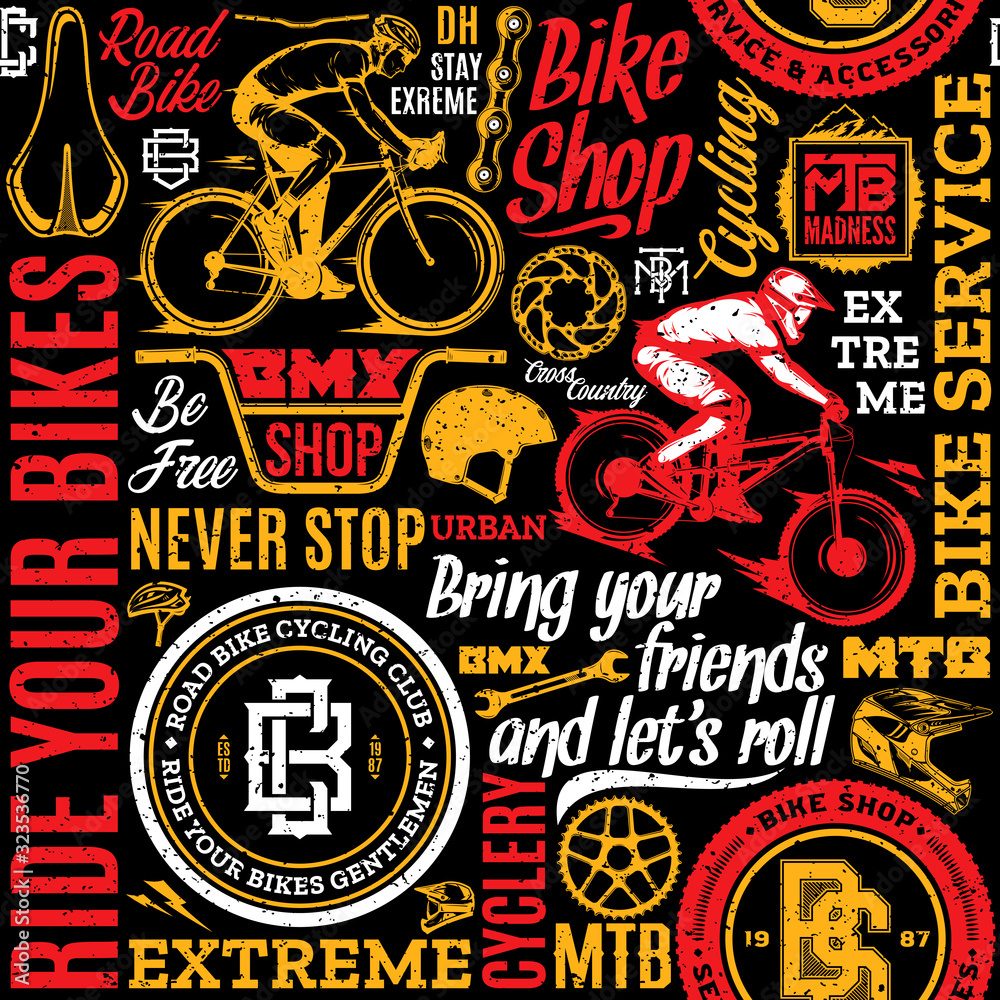 Retro styled vector bicycle seamless pattern or background in black, white, red and yellow colors. Bike shop and club badges. Mountain and road biking icons and design elements