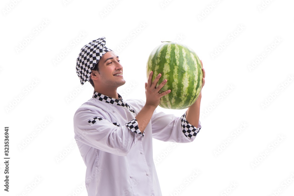 Young male cook with watermelon isolated on white Young male cook with watermelon isolated on white