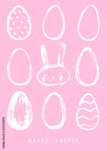 Happy Easter. Easter eggs and bunny rabbit. Hand drawn vector illustration. Holiday design