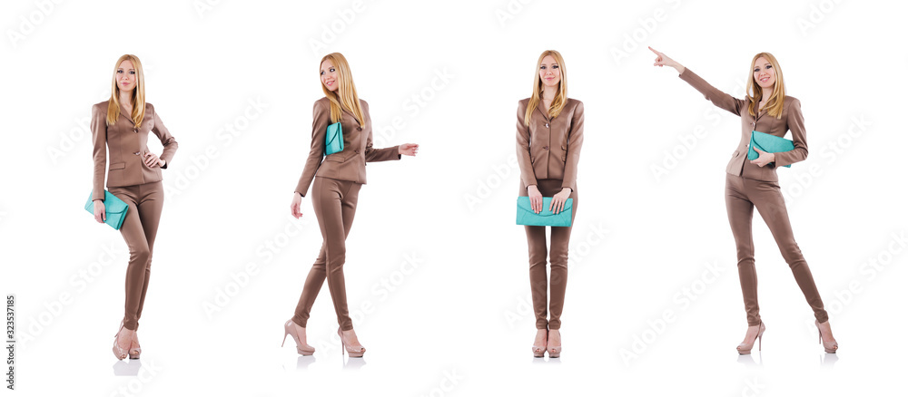 Model wearing fashionable clothing on white