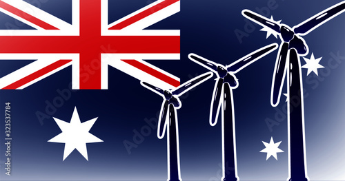Wind alternative energy in Australia vector illustration - wind generator on flag background colored blue, red, white