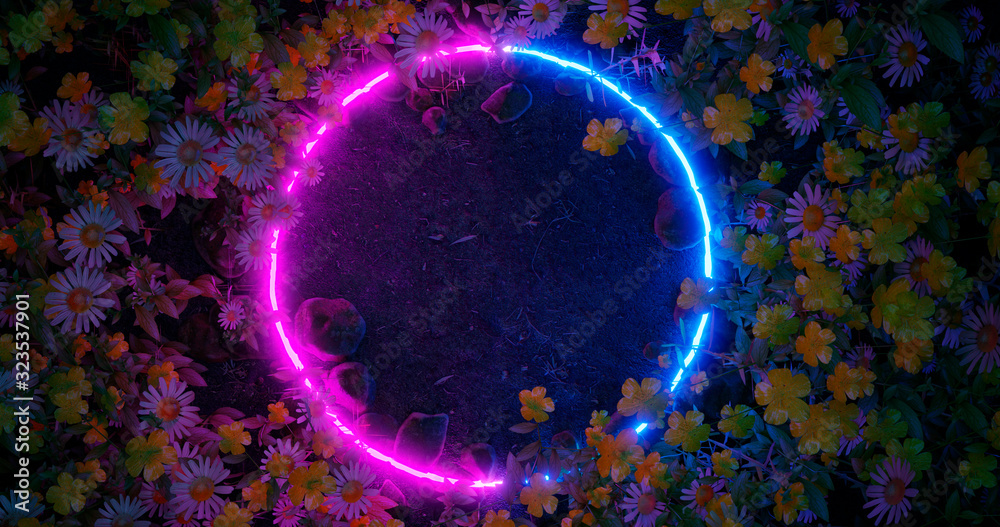 3d render. Neon hoop or circle in the wildflowers. Nature in vibrant neon colors. - obrazy, fototapety, plakaty 
