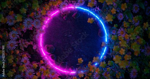 3d render. Neon hoop or circle in the wildflowers. Nature in vibrant neon colors.