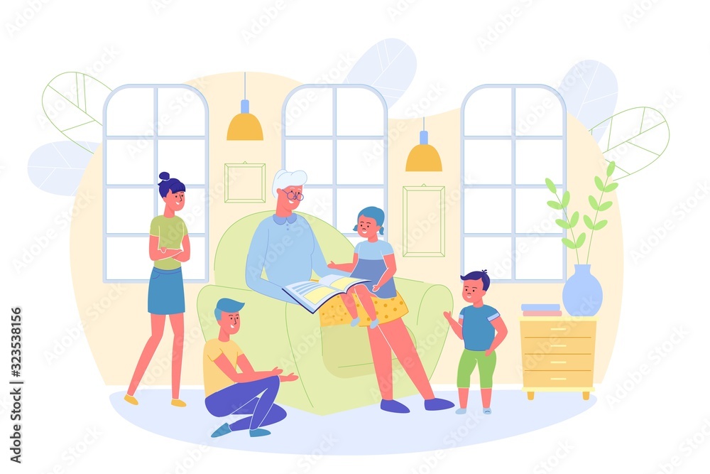 Fototapeta premium Grandmother Reading Fairy Tail to Grandchildren.